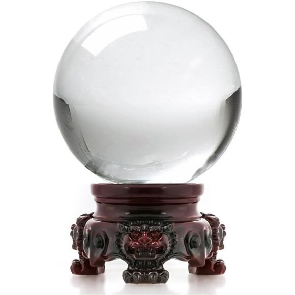 Amlong Crystal 3 inch (80mm) Clear Crystal Ball with Redwood Lion Resin Stand - Picture 1 of 8